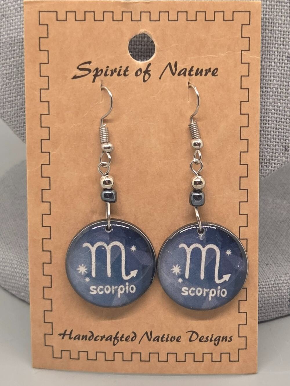 Spirit of Nature Earrings SCORPIO - Astrological Sign- Round -Grey White